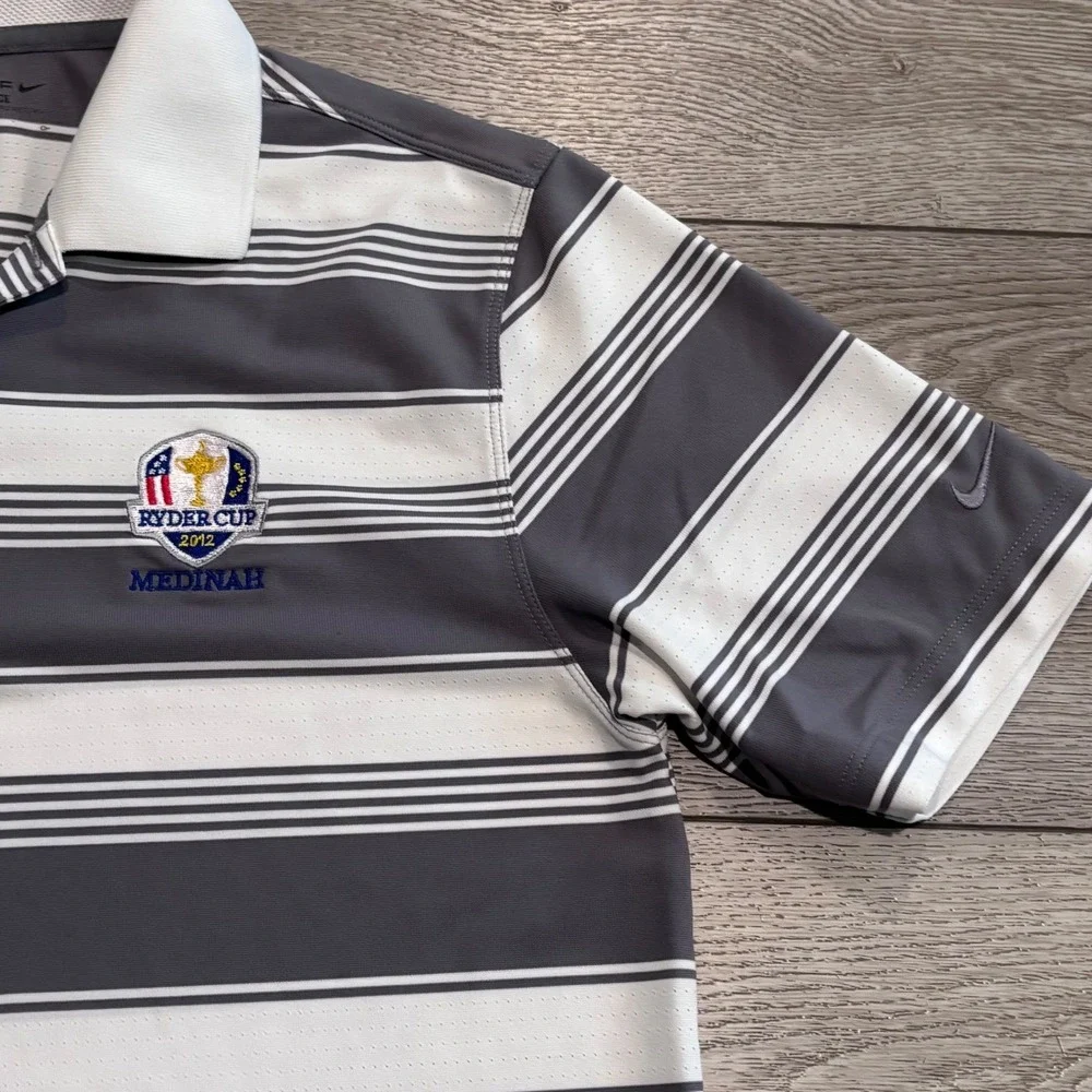 Nike Polo Shirt Mens Small Grey Ryder Cup Medinah Dri-Fit Striped Golf Preppy